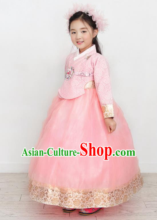 Asian Korean National Handmade Formal Occasions Wedding Clothing Pink Blouse and Dress Palace Hanbok Costume for Kids