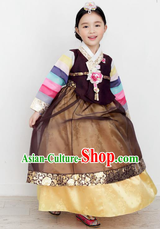 Asian Korean National Handmade Formal Occasions Wedding Clothing Purple Blouse and Brown Dress Palace Hanbok Costume for Kids