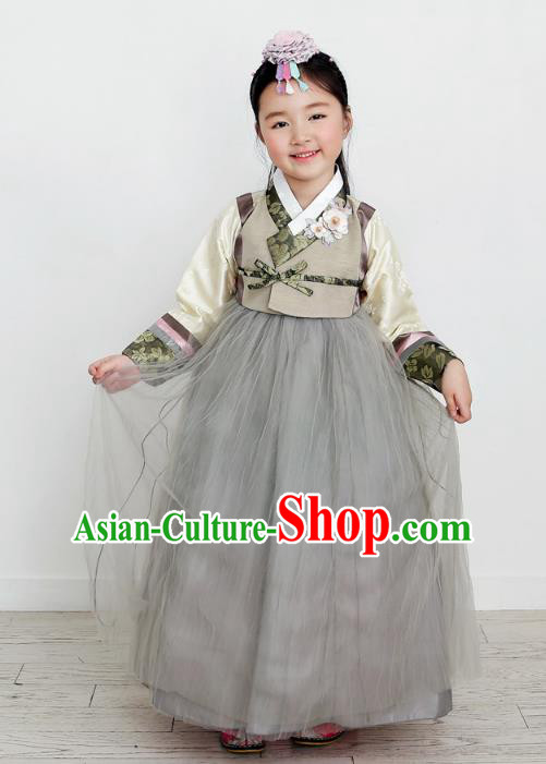 Asian Korean National Handmade Formal Occasions Wedding Clothing Grey Blouse and Dress Palace Hanbok Costume for Kids