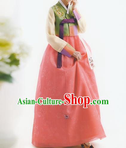 Korean National Handmade Formal Occasions Wedding Bride Clothing Embroidered Green Blouse and Pink Dress Palace Hanbok Costume for Women