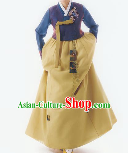 Korean National Handmade Formal Occasions Wedding Bride Clothing Embroidered Blue Blouse and Yellow Dress Palace Hanbok Costume for Women