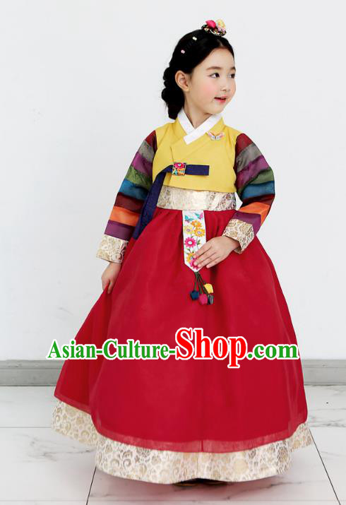 Asian Korean National Handmade Formal Occasions Wedding Clothing Yellow Blouse and Red Dress Palace Hanbok Costume for Kids