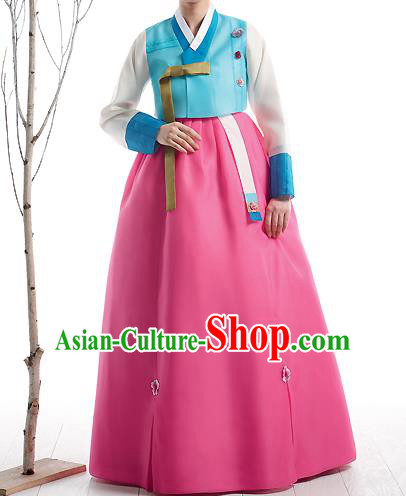 Asian Korean National Handmade Formal Occasions Wedding Bride Clothing Embroidered Blue Blouse and Pink Dress Palace Hanbok Costume for Women