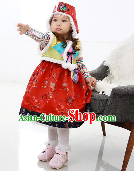 Asian Korean National Handmade Formal Occasions Wedding Bride Clothing Embroidered Yellow Vest and Red Dress Palace Hanbok Costume for Kids