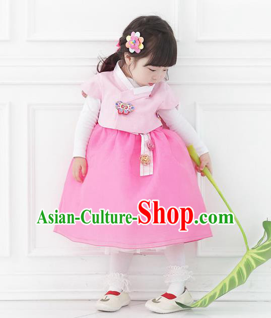 Asian Korean National Handmade Formal Occasions Wedding Bride Clothing Embroidered Pink Vest and Dress Palace Hanbok Costume for Kids