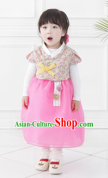 Asian Korean National Handmade Formal Occasions Wedding Bride Clothing Printing Vest and Pink Dress Palace Hanbok Costume for Kids