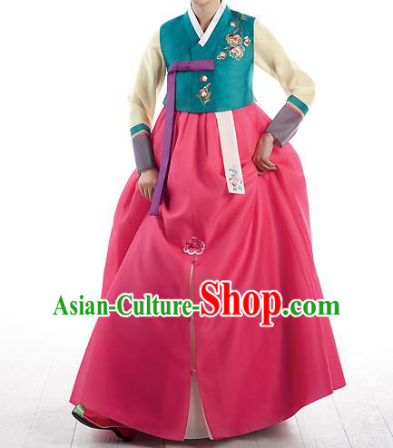 Korean National Handmade Formal Occasions Wedding Bride Clothing Embroidered Green Blouse and Red Dress Palace Hanbok Costume for Women