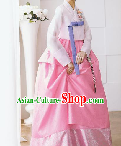 Korean National Handmade Formal Occasions Wedding Bride Clothing Embroidered Pink Blouse and Dress Palace Hanbok Costume for Women