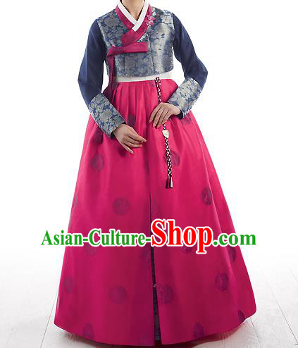 Korean National Handmade Formal Occasions Wedding Bride Clothing Embroidered Navy Blouse and Red Dress Palace Hanbok Costume for Women