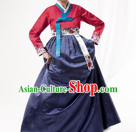 Korean National Handmade Formal Occasions Wedding Bride Clothing Embroidered Red Blouse and Navy Dress Palace Hanbok Costume for Women