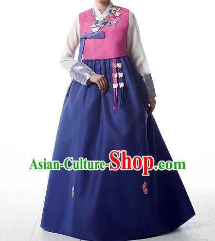 Korean National Handmade Formal Occasions Wedding Bride Clothing Embroidered Pink Blouse and Blue Dress Palace Hanbok Costume for Women