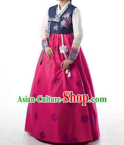 Asian Korean National Handmade Formal Occasions Wedding Bride Clothing Embroidered Purple Blouse and Pink Dress Palace Hanbok Costume for Women