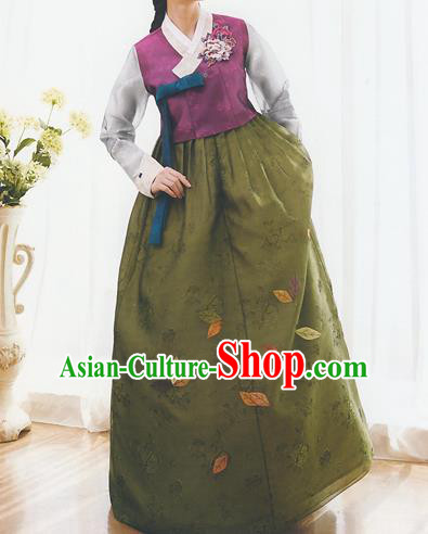 Korean National Handmade Formal Occasions Wedding Bride Clothing Embroidered Purple Blouse and Green Dress Palace Hanbok Costume for Women