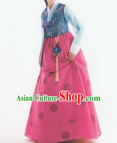 Korean National Handmade Formal Occasions Wedding Bride Clothing Embroidered Blue Blouse and Rosy Dress Palace Hanbok Costume for Women