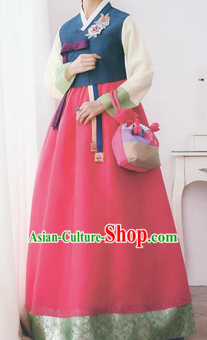 Korean National Handmade Formal Occasions Wedding Bride Clothing Embroidered Navy Blouse and Red Dress Palace Hanbok Costume for Women