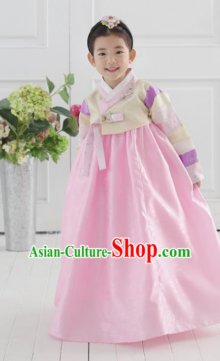 Korean National Handmade Formal Occasions Wedding Bride Clothing Embroidered Beige Blouse and Pink Dress Palace Hanbok Costume for Kids