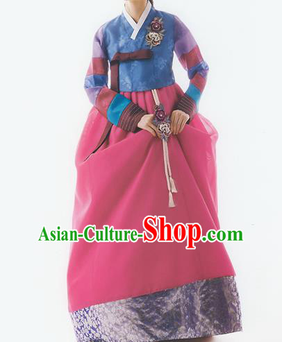 Korean National Handmade Formal Occasions Wedding Bride Clothing Embroidered Blue Blouse and Red Dress Palace Hanbok Costume for Women