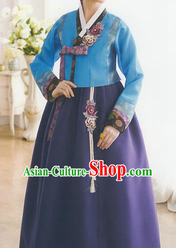 Korean National Handmade Formal Occasions Wedding Bride Clothing Embroidered Blue Blouse and Purple Dress Palace Hanbok Costume for Women