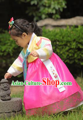 Asian Korean National Handmade Formal Occasions Wedding Bride Clothing Embroidered Yellow Blouse and Pink Dress Palace Hanbok Costume for Kids