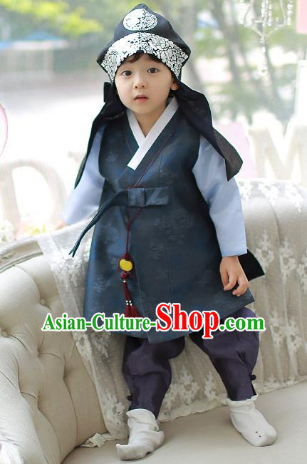 Asian Korean National Traditional Handmade Formal Occasions Boys Embroidery Navy Vest Hanbok Costume Complete Set for Kids