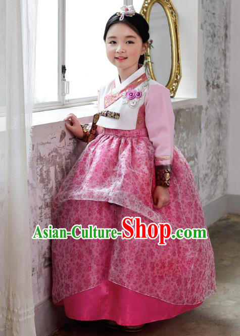 Asian Korean National Handmade Formal Occasions Wedding Bride Clothing Embroidered Blouse and Pink Dress Palace Hanbok Costume for Kids