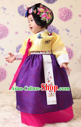 Asian Korean National Handmade Formal Occasions Clothing Embroidered Yellow Blouse and Purple Dress Palace Hanbok Costume for Kids