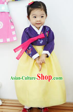 Asian Korean National Handmade Formal Occasions Clothing Embroidered Purple Blouse and Yellow Dress Palace Hanbok Costume for Kids