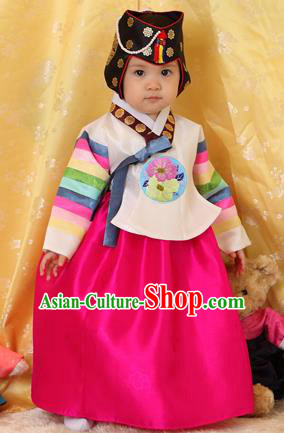 Asian Korean National Handmade Formal Occasions Clothing Embroidered Yellow Blouse and Rosy Dress Palace Hanbok Costume for Kids