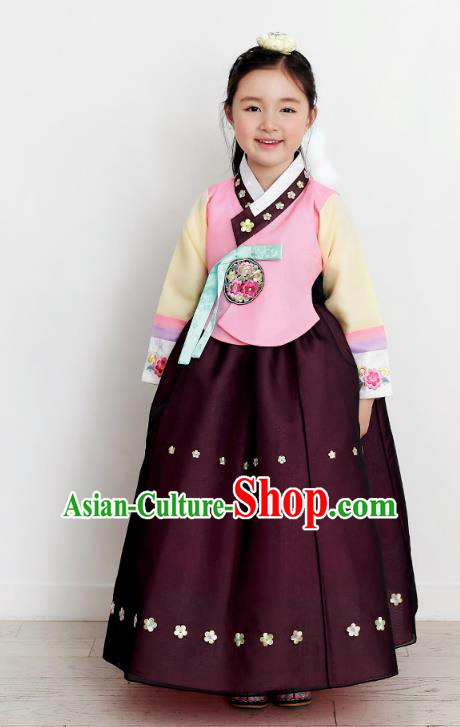 Asian Korean National Handmade Formal Occasions Wedding Bride Clothing Embroidered Pink Blouse and Purple Dress Palace Hanbok Costume for Kids