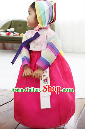 Asian Korean National Handmade Formal Occasions Clothing Embroidered Pink Blouse and Rosy Dress Palace Hanbok Costume for Kids