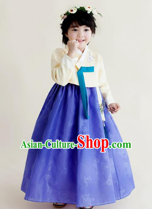 Asian Korean National Handmade Formal Occasions Clothing Embroidered Beige Blouse and Blue Dress Palace Hanbok Costume for Kids