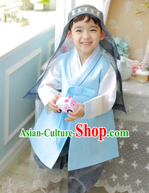 Asian Korean National Traditional Handmade Formal Occasions Boys Embroidery Blue Vest Hanbok Costume Complete Set for Kids