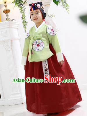 Asian Korean National Handmade Formal Occasions Wedding Clothing Green Blouse and Red Dress Palace Hanbok Costume for Kids