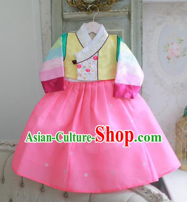 Korean National Handmade Formal Occasions Girls Hanbok Costume Embroidered Yellow Blouse and Pink Dress for Kids