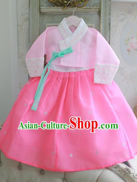 Korean National Handmade Formal Occasions Girls Hanbok Costume Embroidered Pink Blouse and Dress for Kids