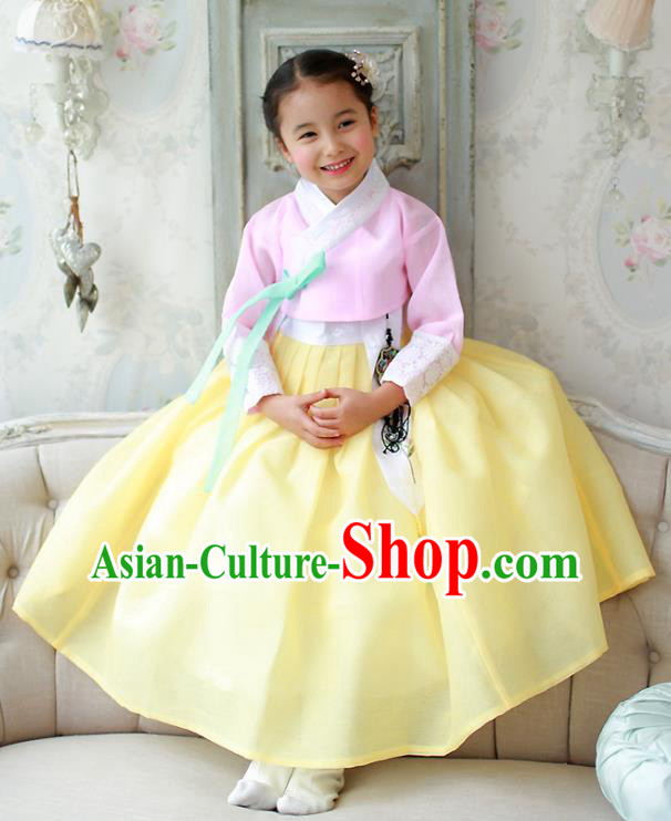 Korean National Handmade Formal Occasions Girls Hanbok Costume Embroidered Pink Blouse and Yellow Dress for Kids