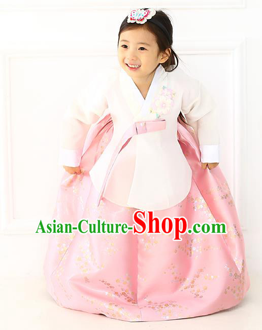 Korean National Handmade Formal Occasions Girls Hanbok Costume Embroidered White Blouse and Pink Dress for Kids