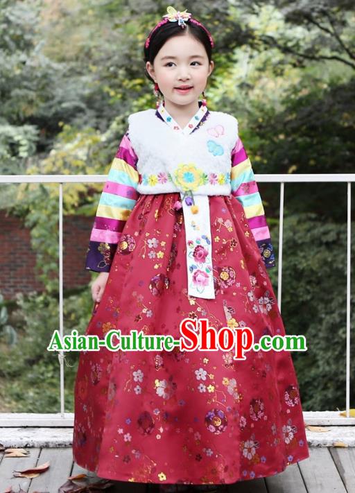 Korean National Handmade Formal Occasions Girls Hanbok Costume Embroidered White Vest and Red Dress for Kids