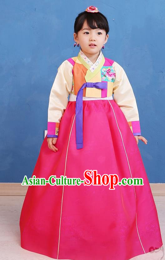 Asian Korean National Handmade Formal Occasions Wedding Girls Clothing Embroidered Yellow Blouse and Rosy Dress Palace Hanbok Costume for Kids