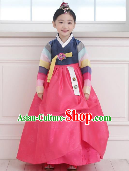 Asian Korean National Handmade Formal Occasions Wedding Girls Clothing Embroidered Navy Blouse and Pink Dress Palace Hanbok Costume for Kids