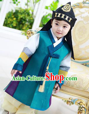 Asian Korean National Traditional Handmade Formal Occasions Boys Embroidery Green Vest Hanbok Costume Complete Set for Kids