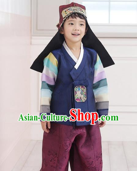 Asian Korean National Traditional Handmade Formal Occasions Boys Embroidery Navy Vest Hanbok Costume Complete Set for Kids