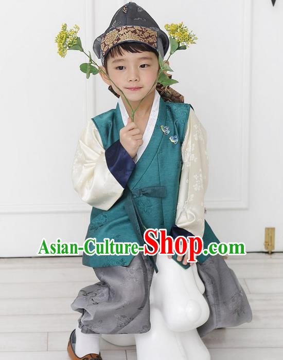 Asian Korean National Traditional Handmade Formal Occasions Boys Embroidery Green Vest Hanbok Costume Complete Set for Kids