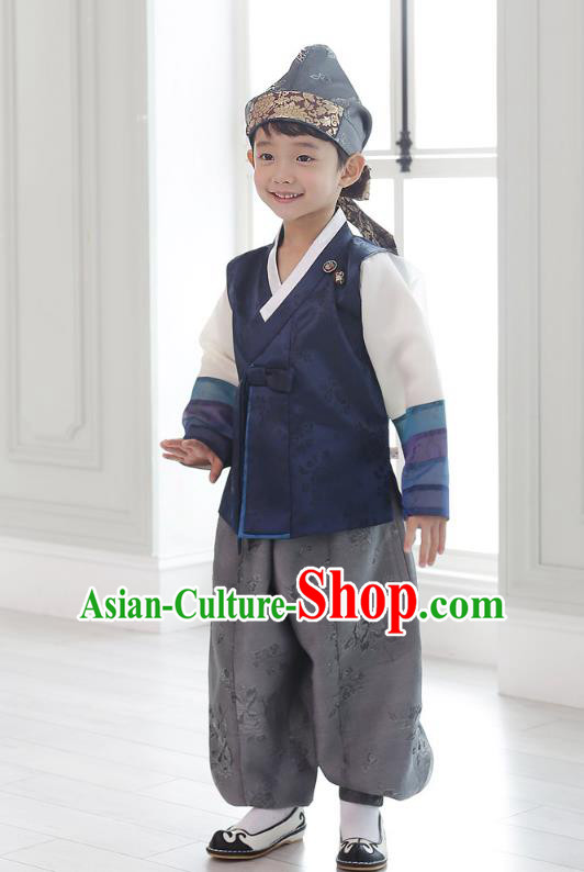 Asian Korean National Traditional Handmade Formal Occasions Boys Embroidery Dark Blue Vest Hanbok Costume Complete Set for Kids