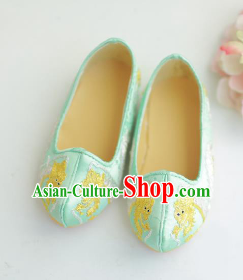 Traditional Korean National Wedding Shoes Blue Embroidered Shoes, Asian Korean Hanbok Flat Shoes for Kids