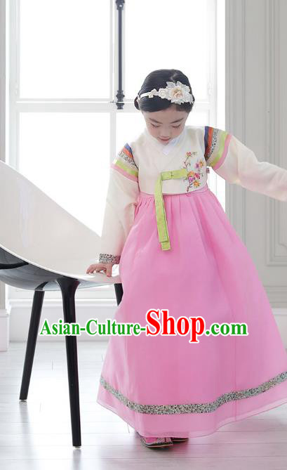 Asian Korean National Handmade Formal Occasions Wedding Girls Clothing Embroidered White Blouse and Pink Dress Palace Hanbok Costume for Kids