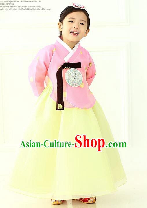 Korean National Handmade Formal Occasions Girls Hanbok Costume Embroidered Pink Blouse and Yellow Dress for Kids