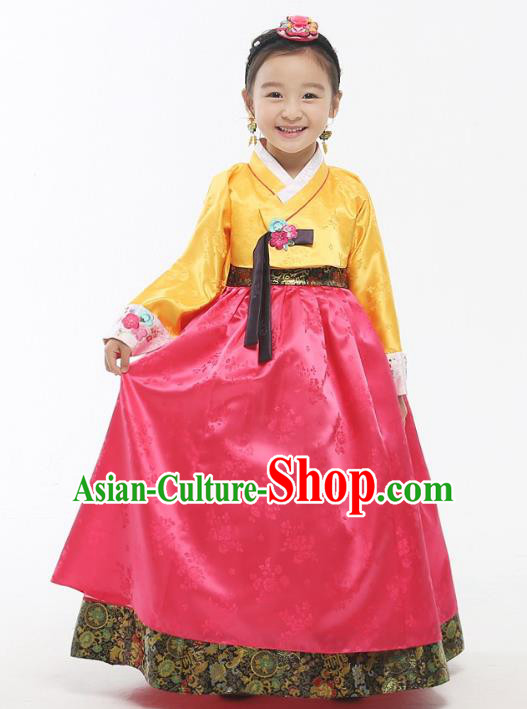 Asian Korean National Handmade Formal Occasions Wedding Girls Clothing Embroidered Yellow Blouse and Pink Dress Palace Hanbok Costume for Kids