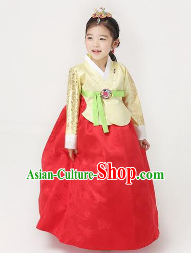 Asian Korean National Handmade Formal Occasions Wedding Girls Clothing Embroidered Yellow Blouse and Red Dress Palace Hanbok Costume for Kids