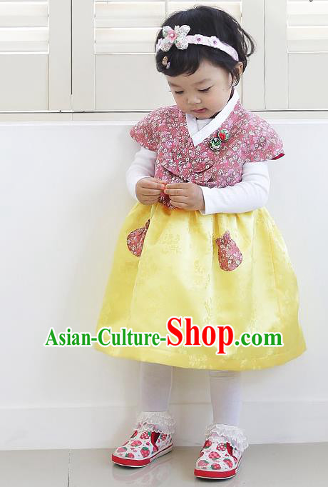 Asian Korean National Handmade Formal Occasions Wedding Girls Clothing Embroidered Pink Blouse and Yellow Dress Palace Hanbok Costume for Kids